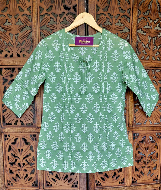 Women's Short Kurta | 100% Cotton | Pastel Green Floral Print