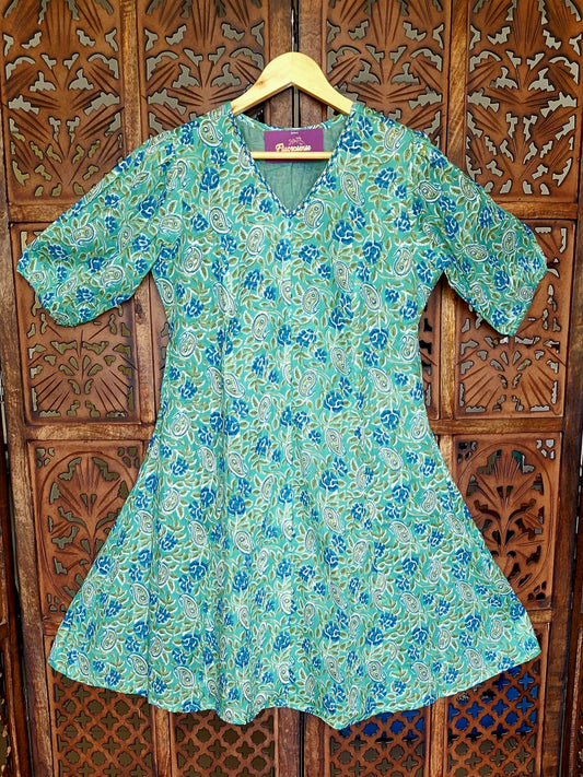 Women's Summer Dress | 100% Cotton | Green & Blue Floral Print