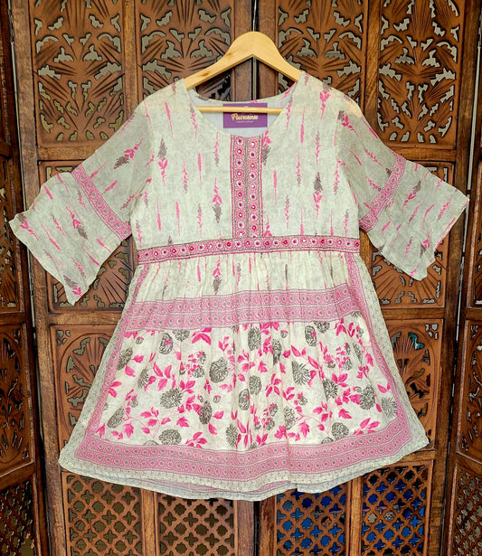 Women's Summer Dress | 100% Cotton | Off-White & Pink Floral Print