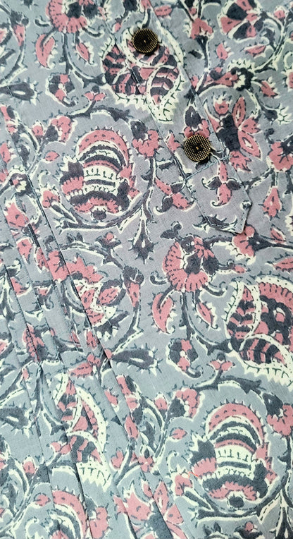Women's Short Kurta | 100% Cotton | Grey & Pink Sanganeri Print