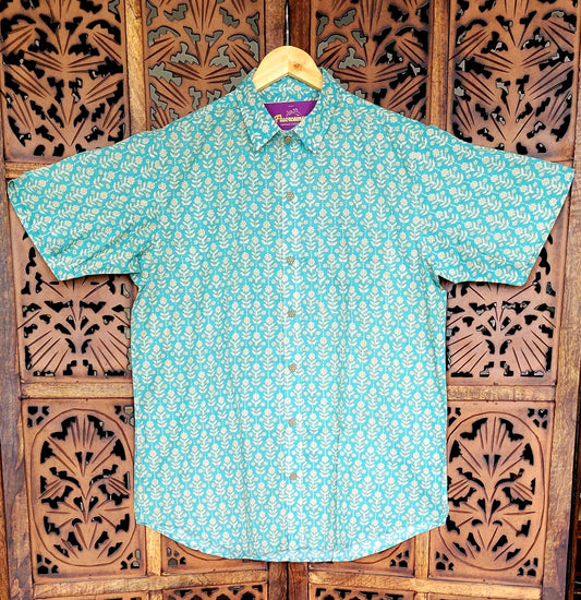 Men's Casual Shirt | 100% Cotton | Half-Sleeves | Motifs Print | Turquoise & Off-white