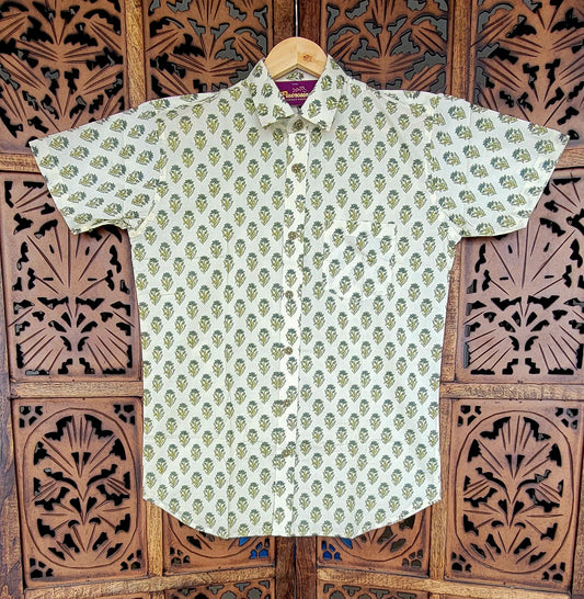 Men's Casual Shirt | 100% Cotton | Half-Sleeves | Hand-Block Print | Green & Off-White