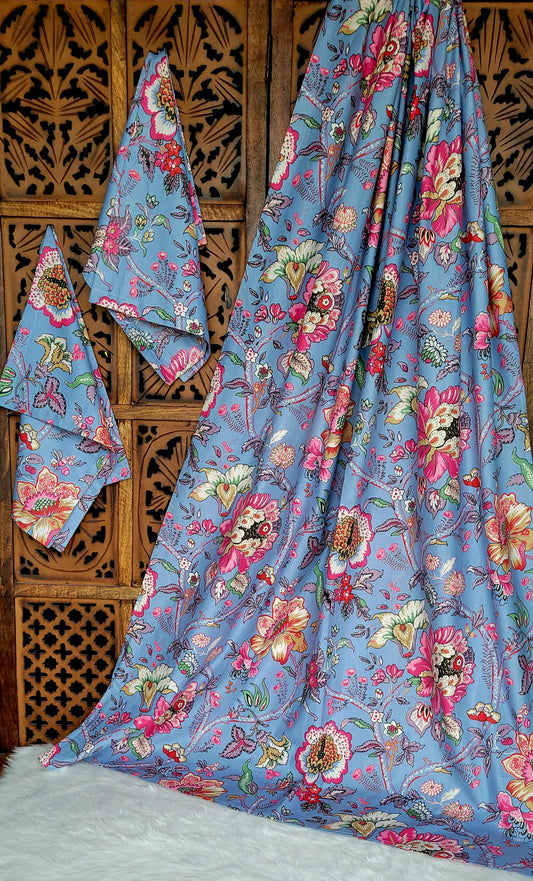 Bedsheet | Double/Queen | 100% Cotton | 2 Pillow Covers | Jaipuri Floral Print | Bluish Grey