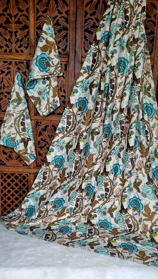 Bedsheet | Double/King | 100% Cotton | 2 Pillow Covers | Jaipuri Floral Print | Turquoise & White
