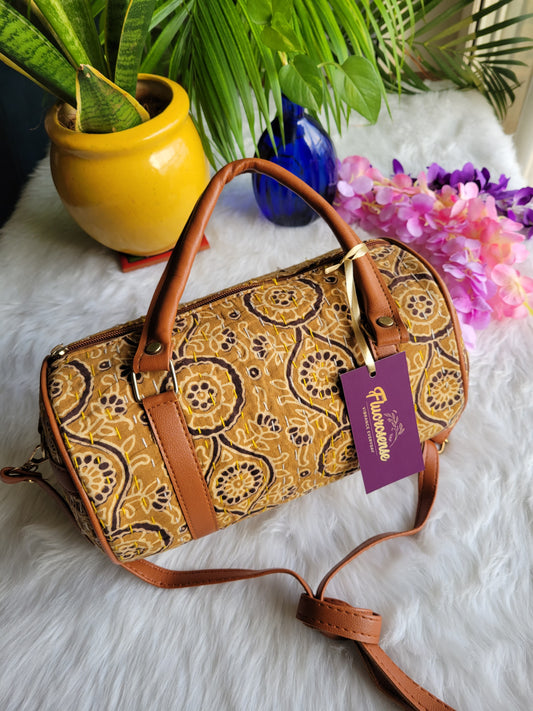 Women's Handbag | Barrelbag | Floral Print | Mustard Yellow