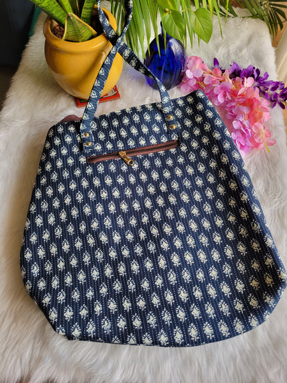 Women's Handbag | Tote With Wallet Purse | Handblock Print | Indigo Blue