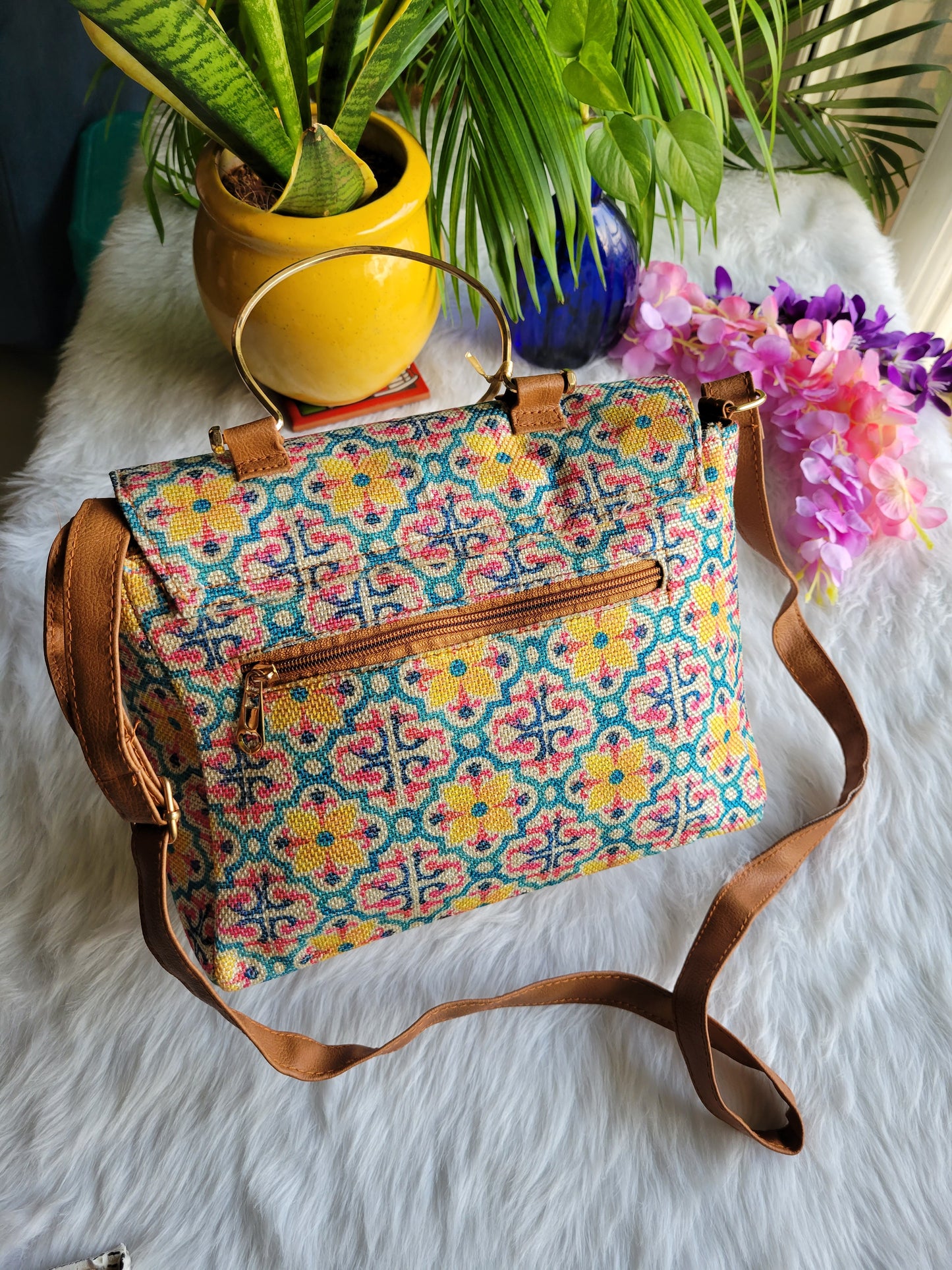 Women's Handbag | Satchel | Jute | Floral Print | Multicolour