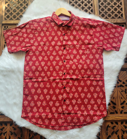 Men's Casual Shirt | 100% Cotton | Half-Sleeves | Hand-Block Print | Red & Orange