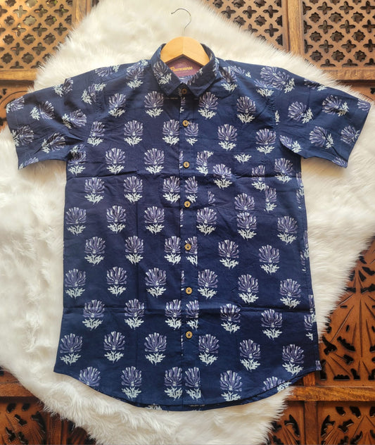 Men's Casual Shirt | 100% Cotton | Half-Sleeves | Hand-Block Print | Indigo Blue