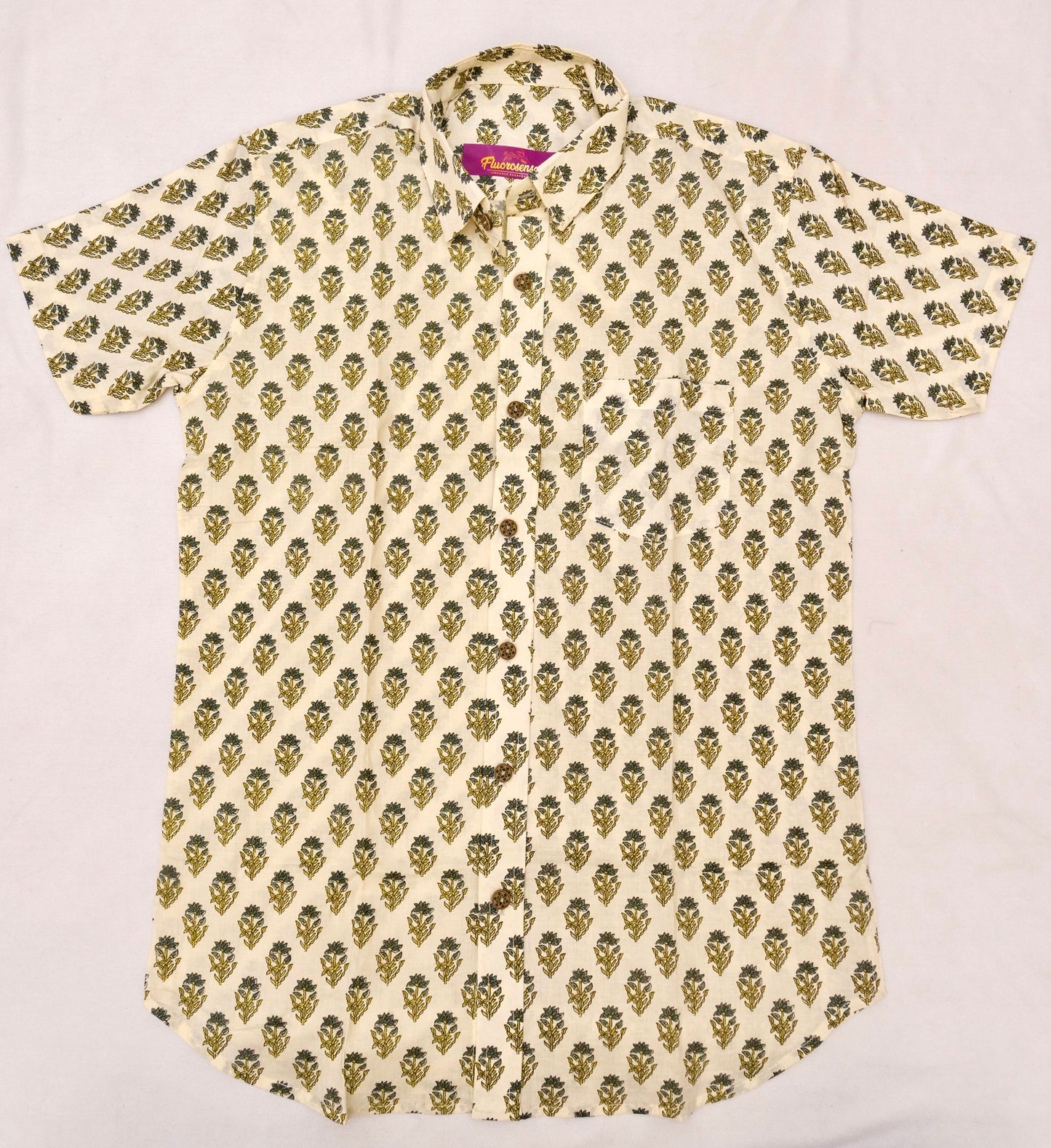 Men's Casual Shirt | 100% Cotton | Half-Sleeves | Hand-Block Print | Green & Off-White