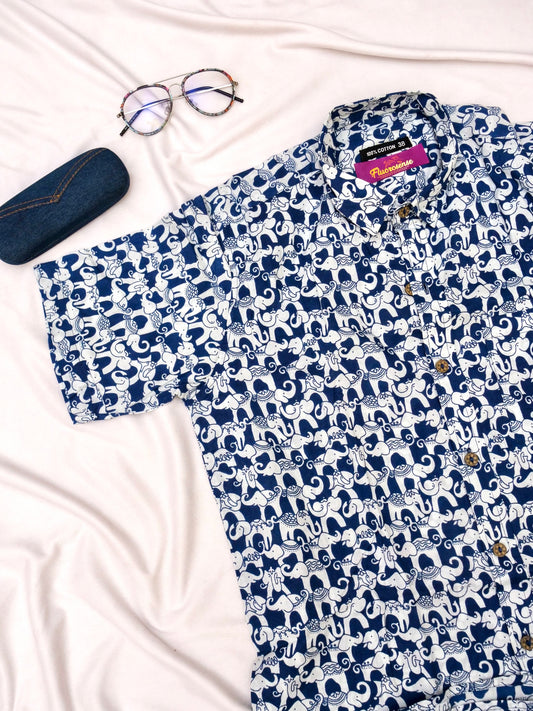 Men's Casual Shirt | 100% Cotton | Half-Sleeves | Print | Blue Elephant