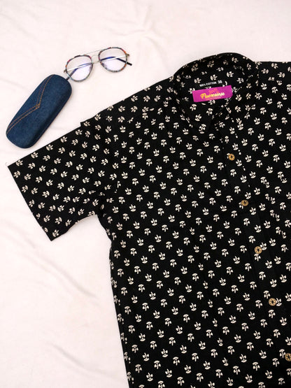 Men's Casual Shirt | 100% Cotton | Half-Sleeves | Motifs Print | Black & Off-white