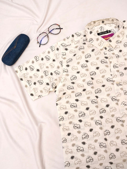 Men's Casual Shirt | 100% Cotton | Half-Sleeves | Print | White Elephant