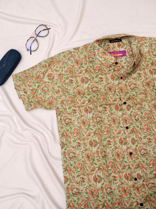 Men's Casual Shirt | 100% Cotton | Half-Sleeves | Sanganeri Print | Green