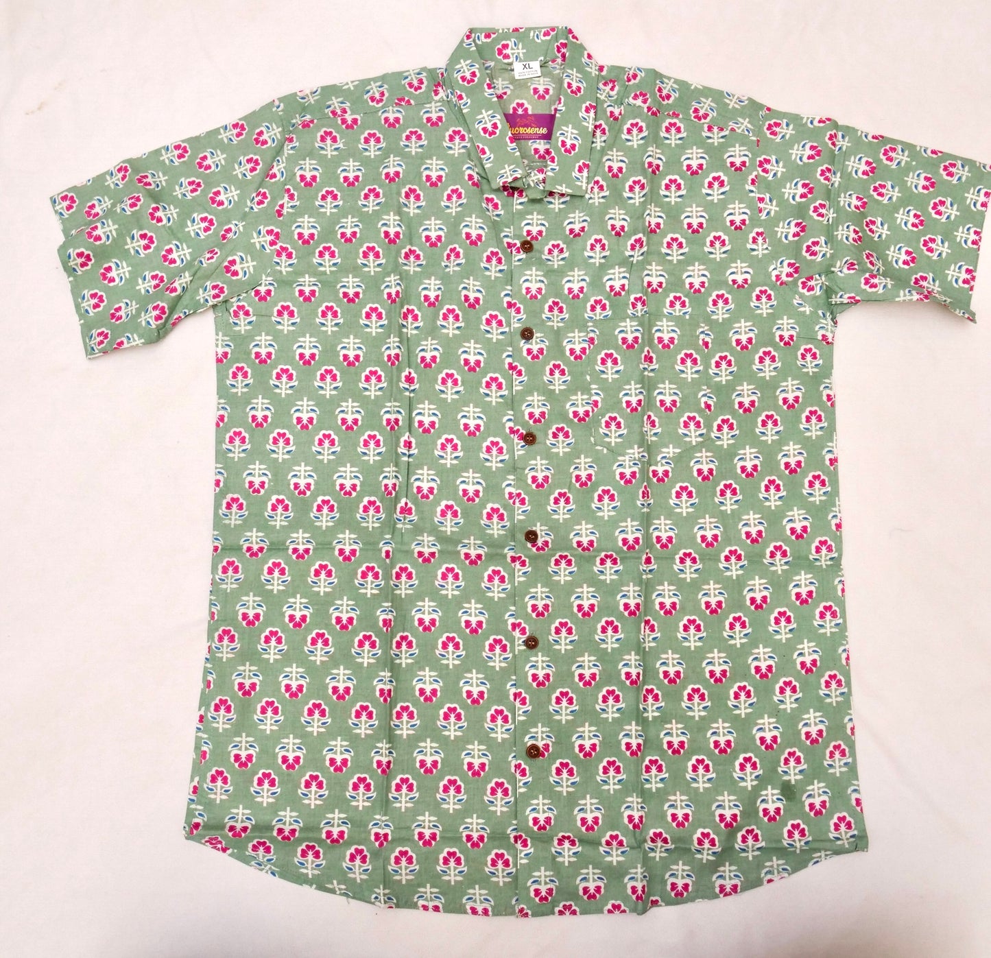 Men's Casual Shirt | 100% Cotton | Half-Sleeves | Hand-Block Print | Green & Pink