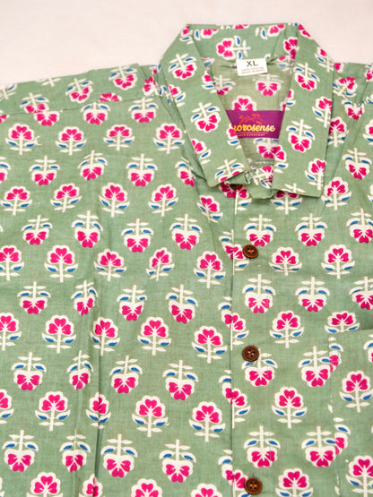 Men's Casual Shirt | 100% Cotton | Half-Sleeves | Hand-Block Print | Green & Pink