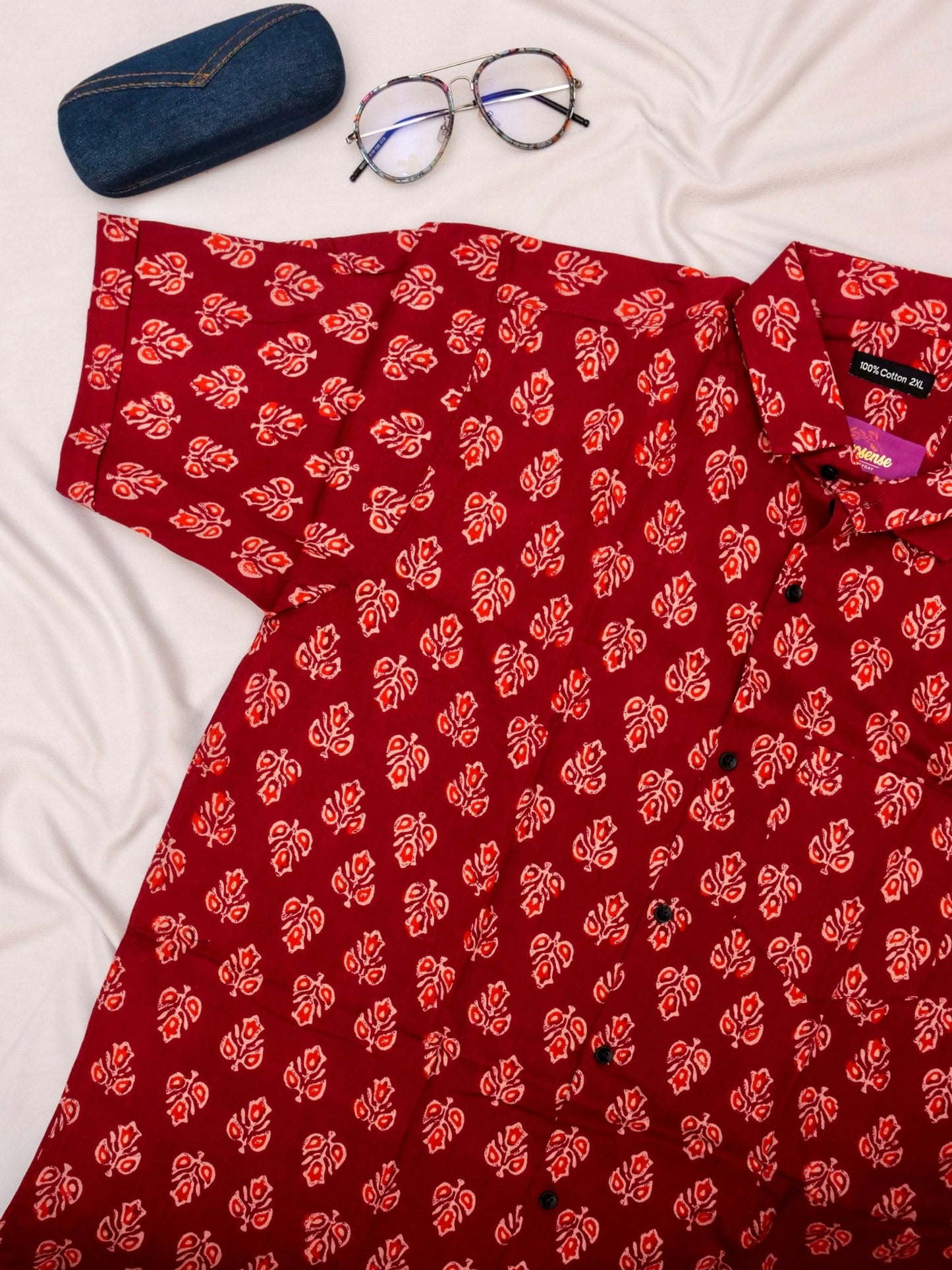Men's Casual Shirt | 100% Cotton | Half-Sleeves | Hand-Block Print | Red & Orange
