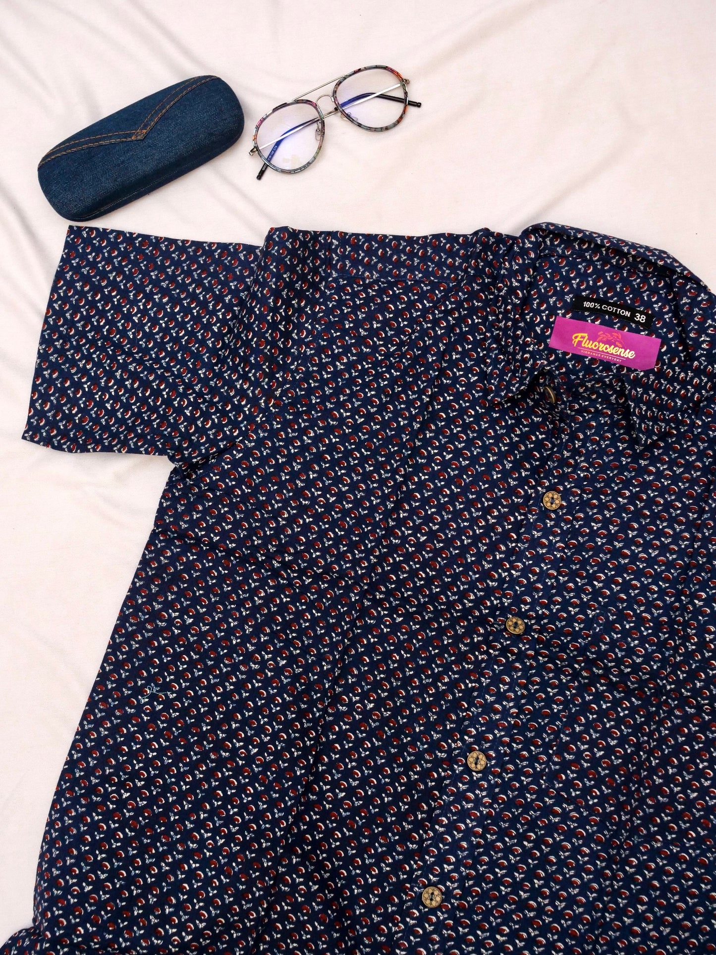 Men's Casual Shirt | 100% Cotton | Half-Sleeves | Motifs Print | Blue & Maroon