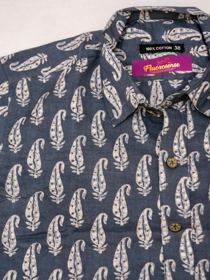 Men's Casual Shirt | 100% Cotton | Half-Sleeves | Hand-Block Print | Grey & Off-White