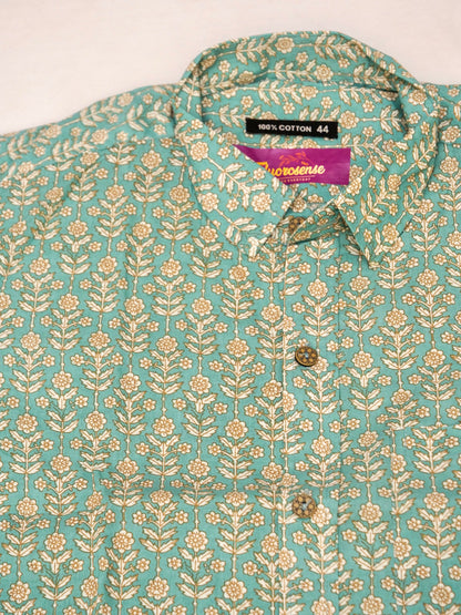Men's Casual Shirt | 100% Cotton | Half-Sleeves | Motifs Print | Turquoise & Off-white