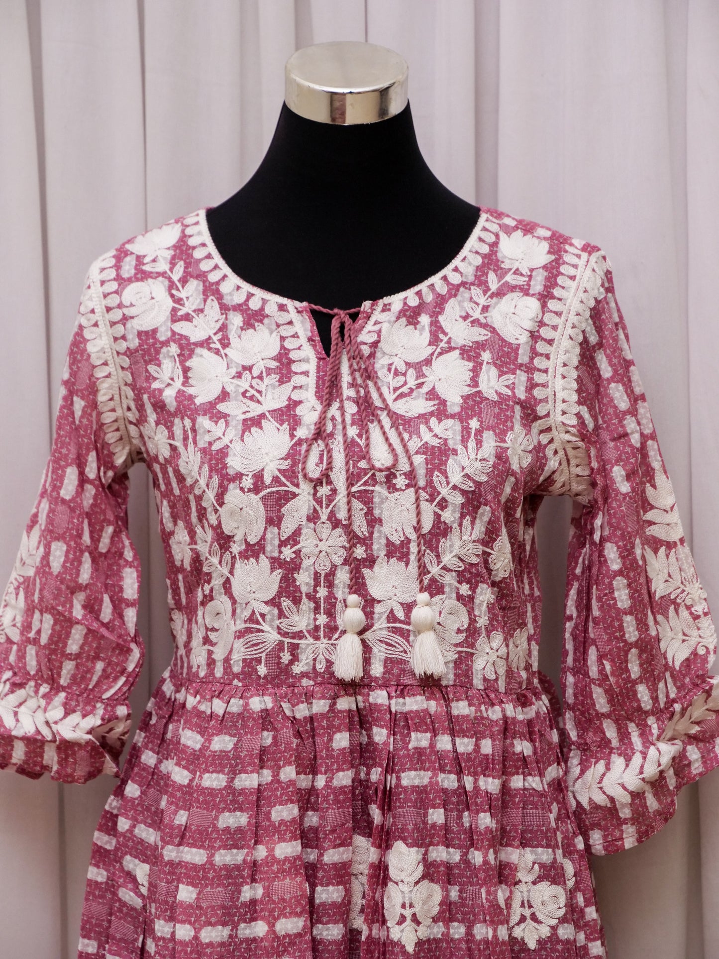 Women's Summer Dress | 100% Cotton | Pink & White Embroidered