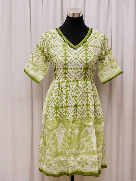 Women's Summer Dress | 100% Cotton | White & Green Dye Print