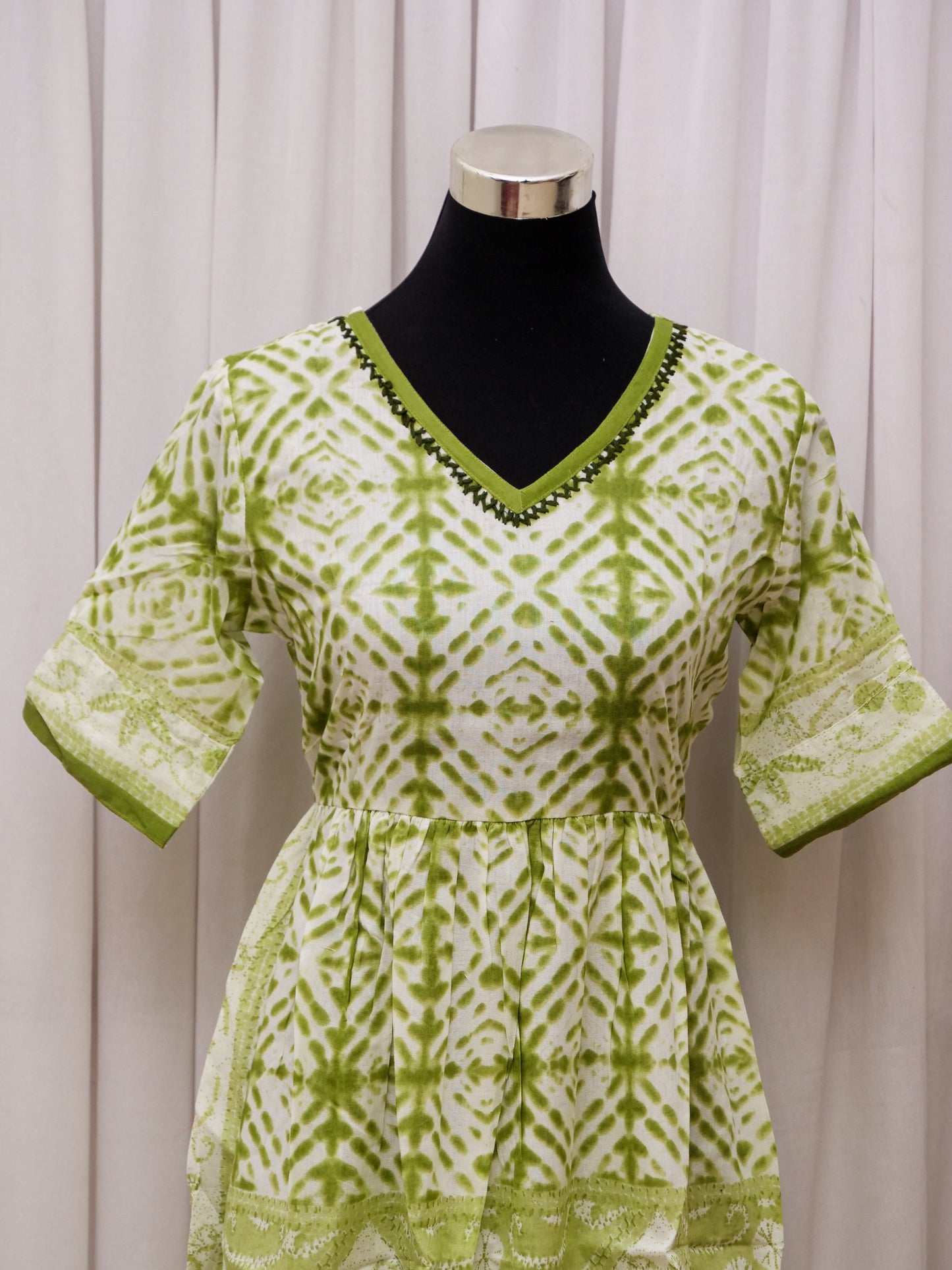 Women's Summer Dress | 100% Cotton | White & Green Dye Print