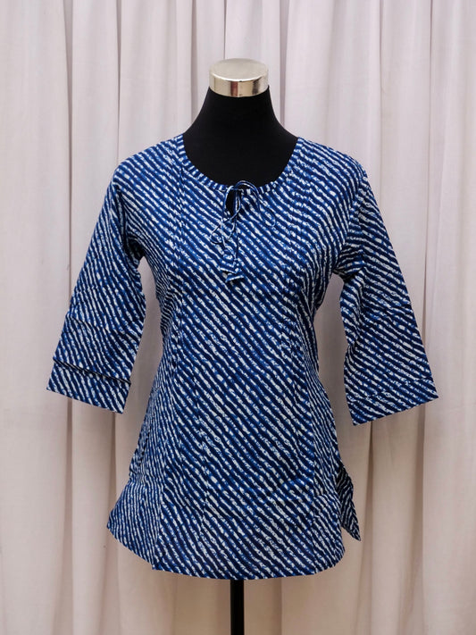 Women's Short Kurta | 100% Cotton | Blue Leheriya Print
