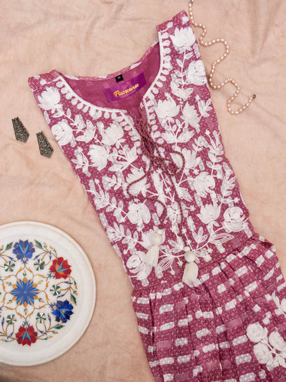Women's Summer Dress | 100% Cotton | Pink & White Embroidered