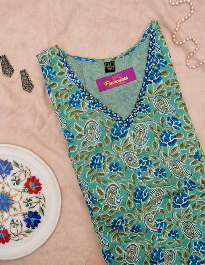 Women's Summer Dress | 100% Cotton | Green & Blue Floral Print