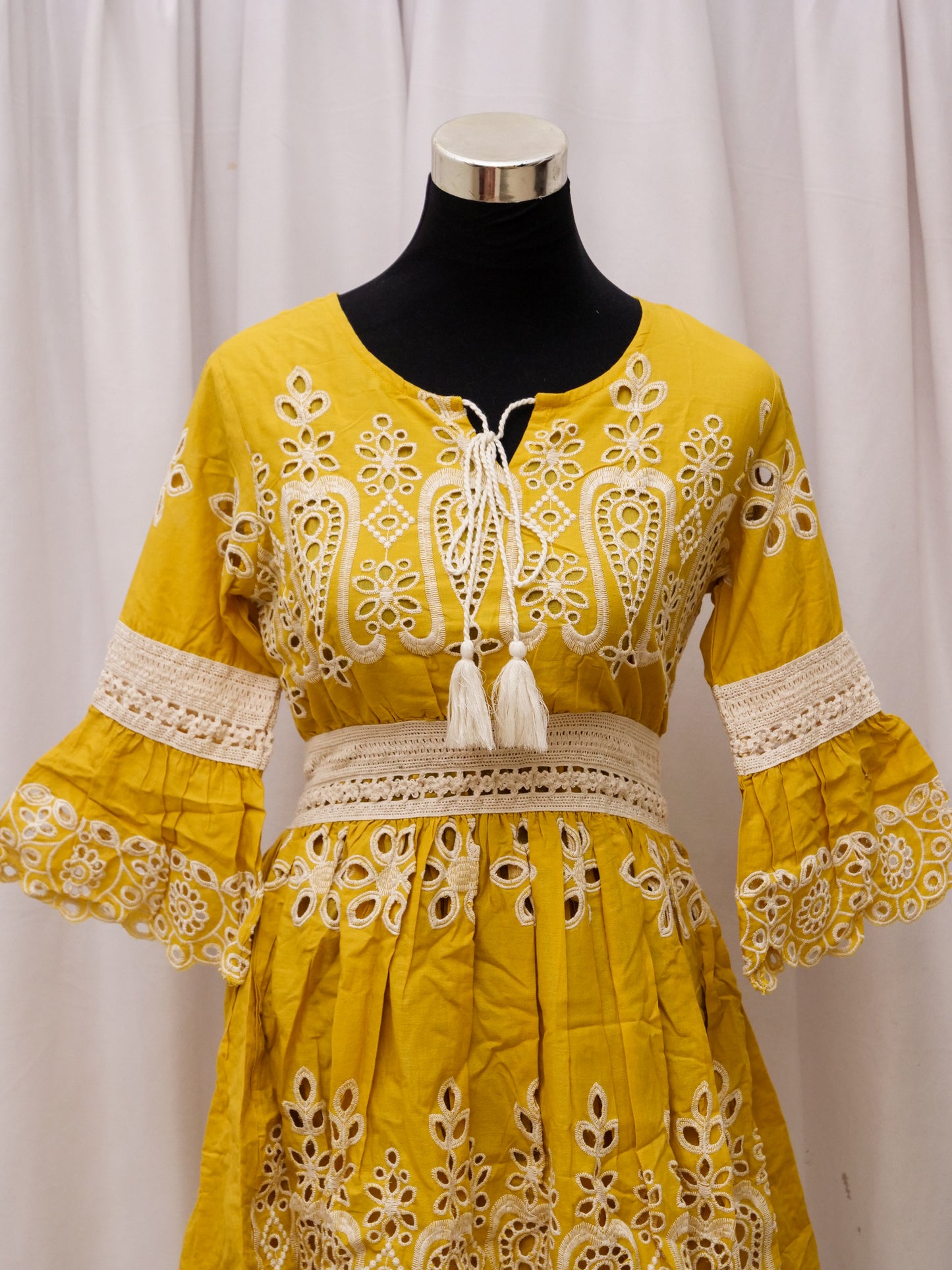Women's Summer Dress | 100% Cotton | Mustard Yellow Schiffli