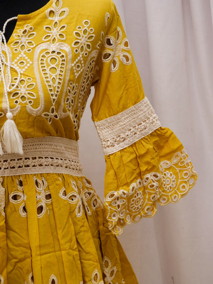 Women's Summer Dress | 100% Cotton | Mustard Yellow Schiffli