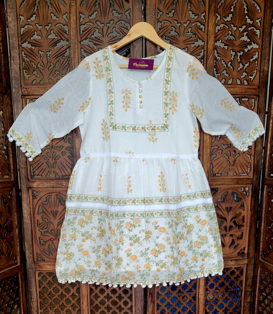 Women's Summer Dress | 100% Cotton | White & Green Floral Print