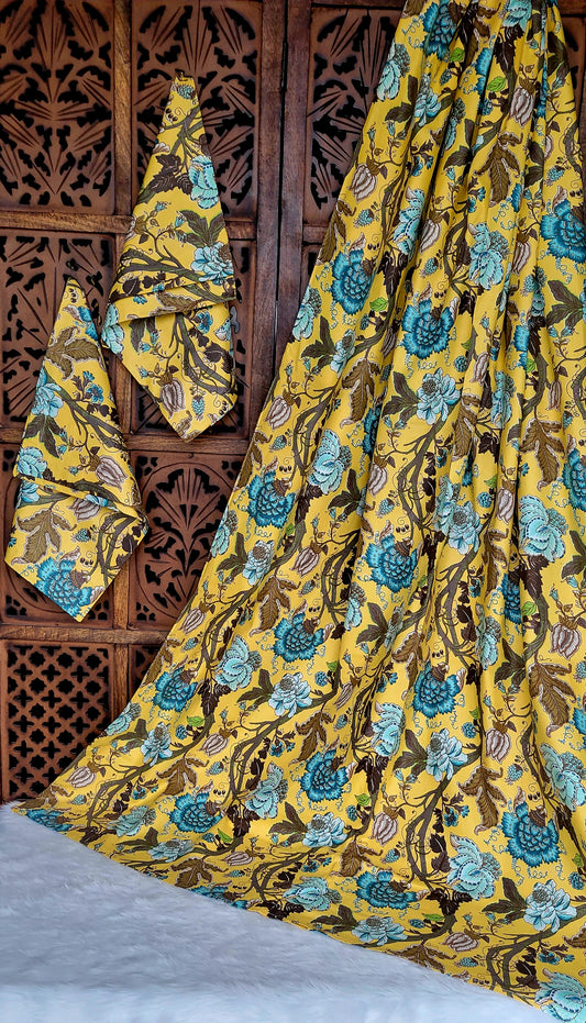 Bedsheet | Double/King | 100% Cotton | 2 Pillow Covers | Jaipuri Floral Print | Turquoise & Yellow