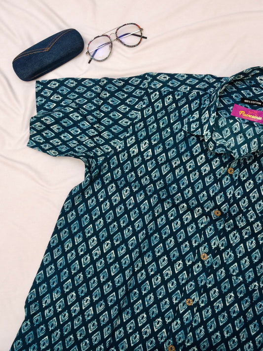 Men's Casual Shirt | 100% Cotton | Half-Sleeves | Hand-Block Print | Dark Teal